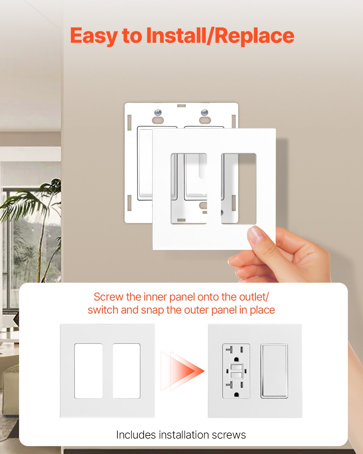 VEVOR Rocker Light Switch Wall Plates, 2-Gang Decorative Outlet Covers,Standard Size 4.57in L x 4.53in H Unbreakable Polycarbonate Thermoplastic Faceplate for Receptacle Outlet&Switch(5 Pack, White)