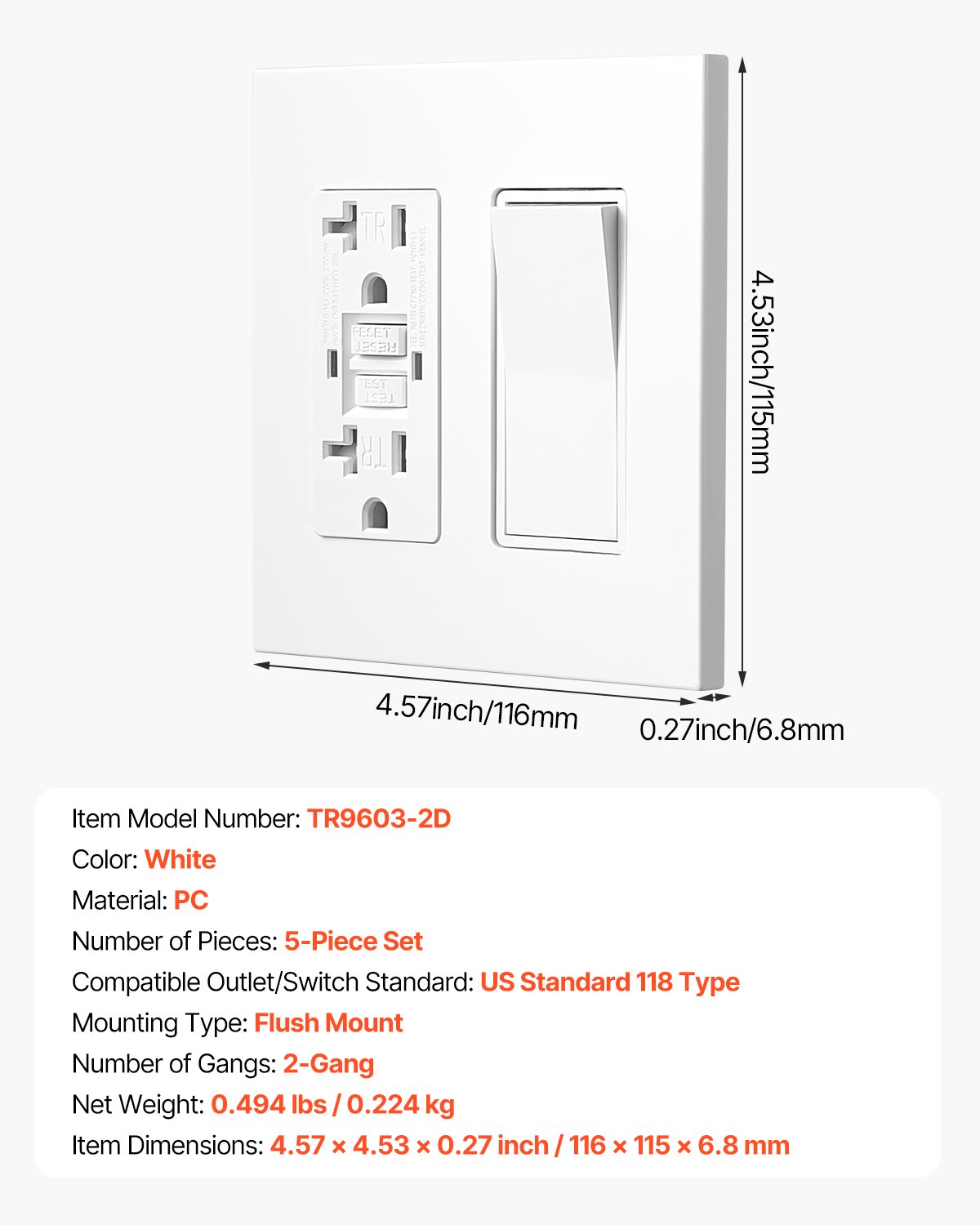 VEVOR Rocker Light Switch Wall Plates, 2-Gang Decorative Outlet Covers,Standard Size 4.57in L x 4.53in H Unbreakable Polycarbonate Thermoplastic Faceplate for Receptacle Outlet&Switch(5 Pack, White)