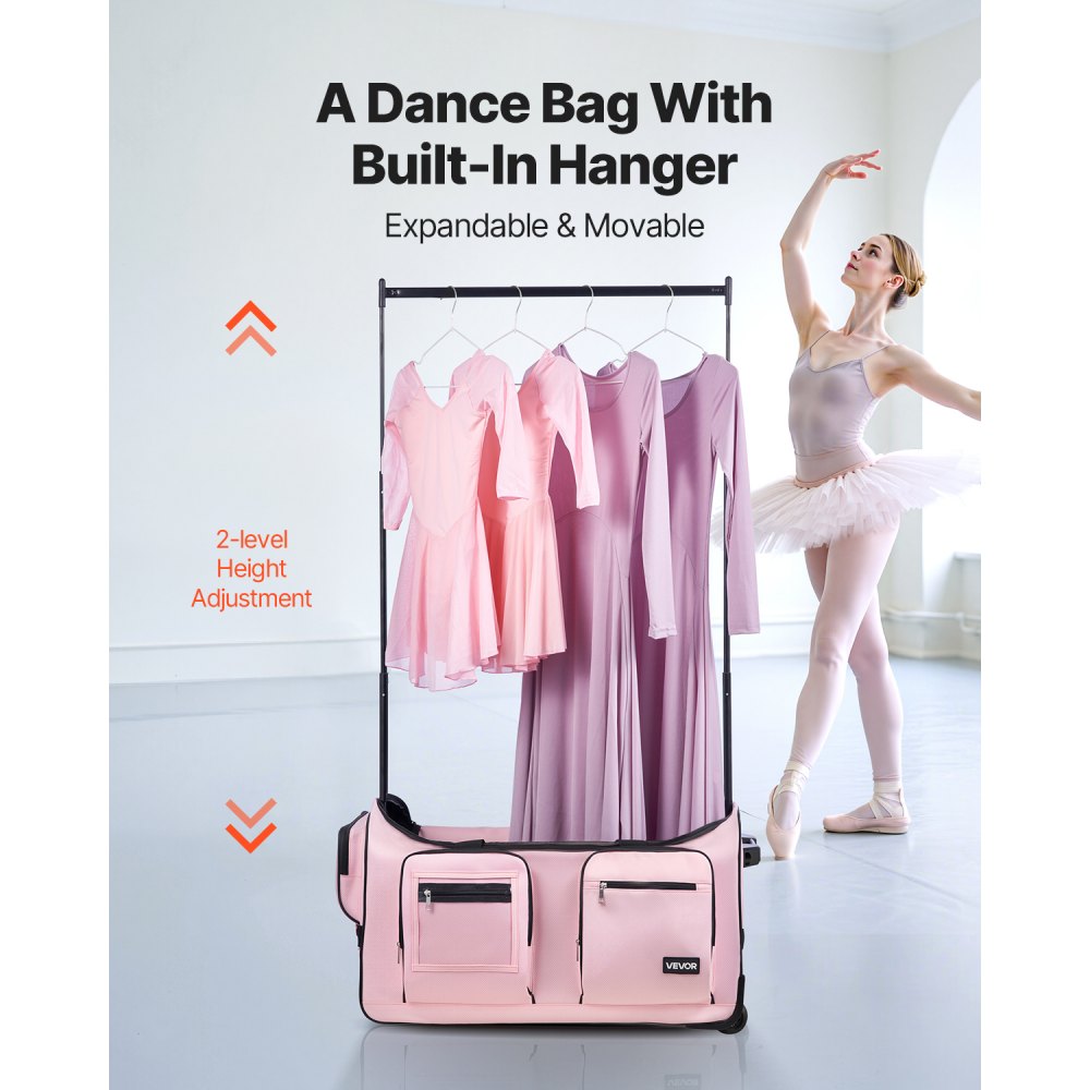VEVOR Dance Bag with Garment Rack, 736.6 mm Rolling Dance Duffel, with Wheels, Height Adjustable Clothes Rack, USB Port, Privacy Protection Curtain, Ideal for Travel and Competitions, Matte Pink