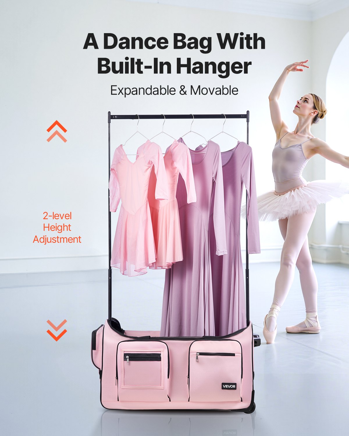 VEVOR Dance Bag with Garment Rack, 736.6 mm Rolling Dance Duffel, with Wheels, Height Adjustable Clothes Rack, USB Port, Privacy Protection Curtain, Ideal for Travel and Competitions, Matte Pink