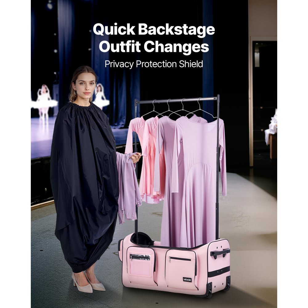 VEVOR Dance Bag with Garment Rack, 29 Inch Rolling Dance Duffel, with Wheels, USB Port, Height Adjustable Clothes Rack, Privacy Protection Curtain, Ideal for Travel and Competitions, Matte Pink