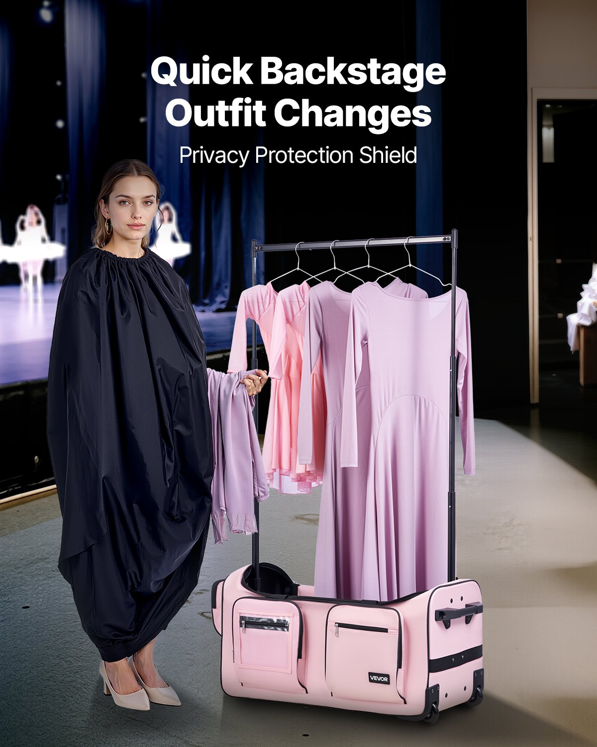 VEVOR Dance Bag with Garment Rack, 29 Inch Rolling Dance Duffel, with Wheels, USB Port, Height Adjustable Clothes Rack, Privacy Protection Curtain, Ideal for Travel and Competitions, Matte Pink