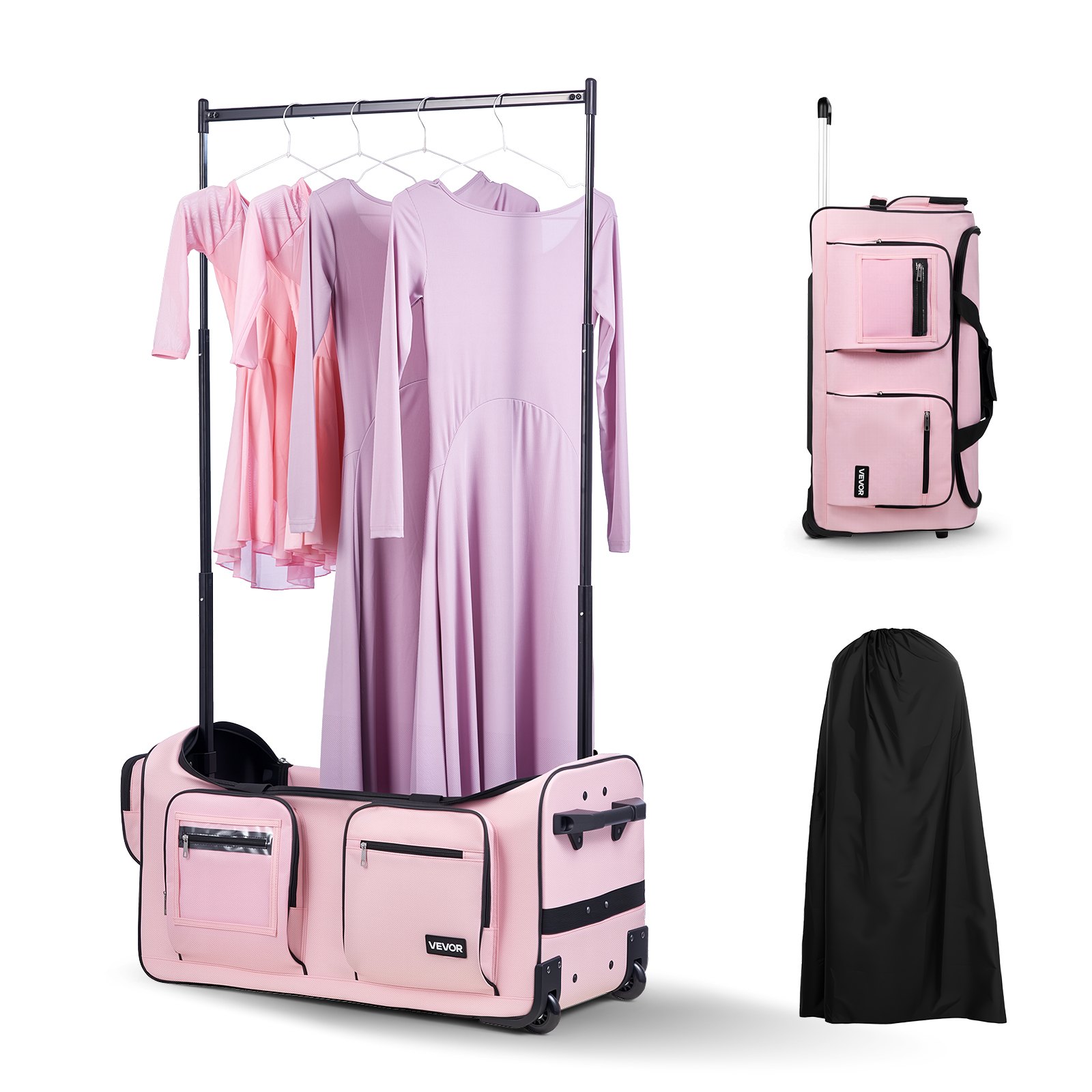 VEVOR Dance Bag with Garment Rack, 29 Inch Rolling Dance Duffel, with Wheels, USB Port, Height Adjustable Clothes Rack, Privacy Protection Curtain, Ideal for Travel and Competitions, Matte Pink