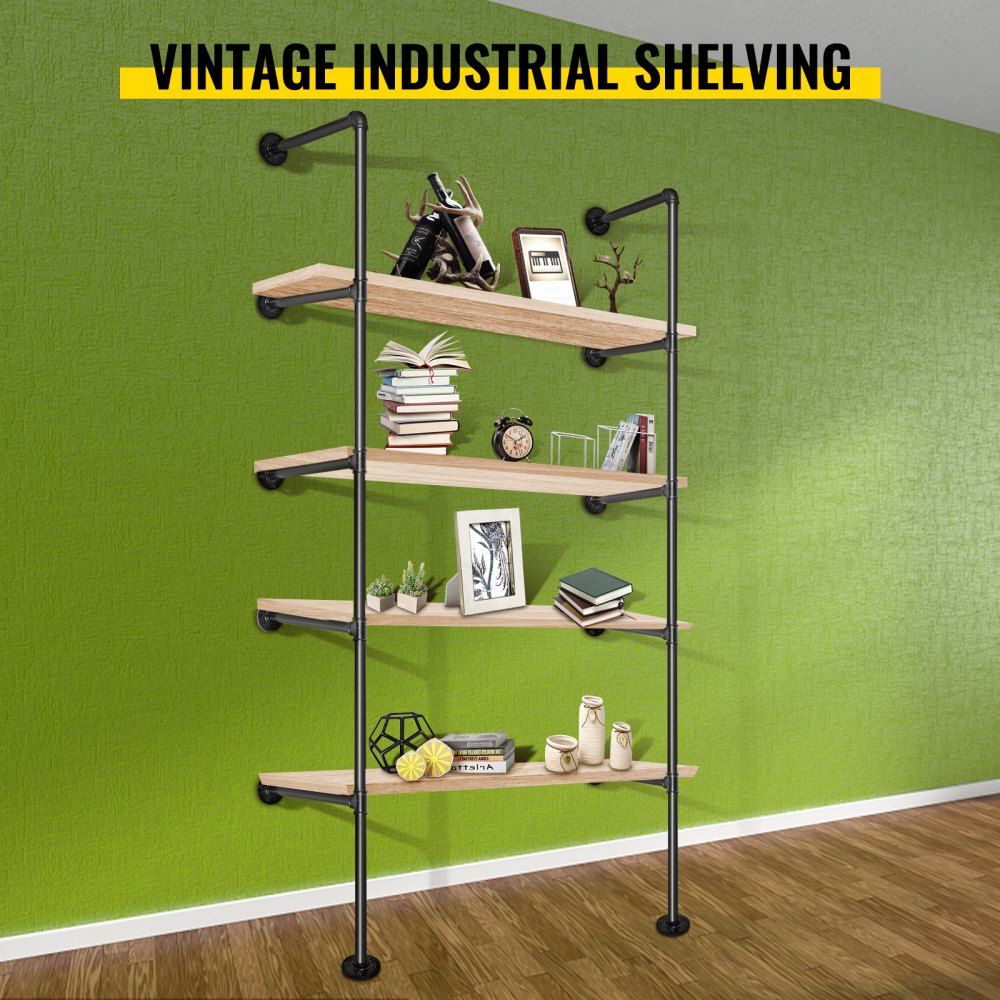VEVOR Industrial Pipe Shelves 5-Tier Wall Mount Iron Pipe Shelves 3 PCS Pipe Shelving Vintage Black DIY Pipe Bookshelf Each Holds 44lbs Open Kitchen Shelving for Bedroom & Living Room W/Accessories