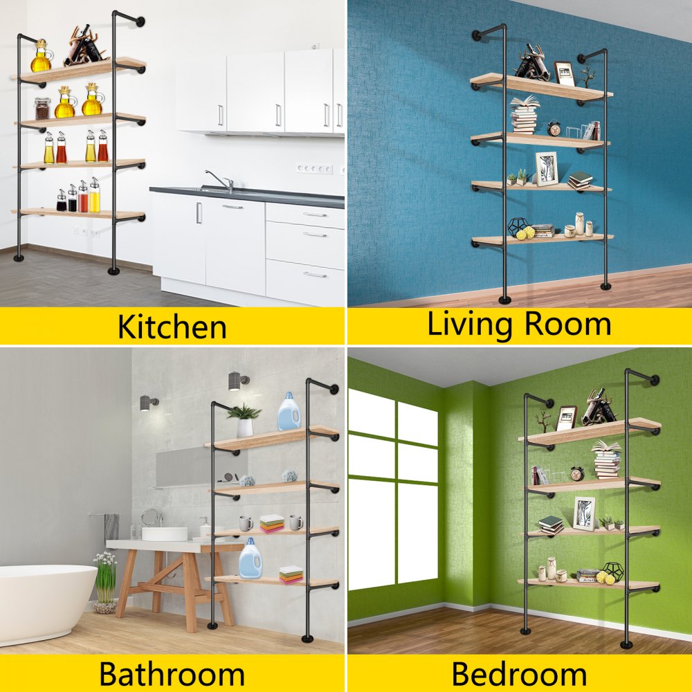 VEVOR Industrial Pipe Shelves 5-Tier Wall Mount Iron Pipe Shelves 4 PCS Pipe Shelving Vintage Black DIY Pipe Bookshelf Each Holds 44lbs Open Kitchen Shelving for Bedroom & Living Room W/Accessories