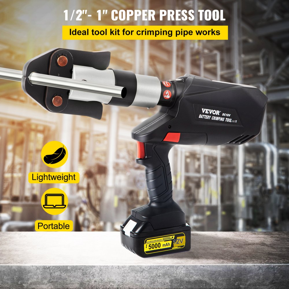 Kit de prensado VEVOR de 12 V con mordazas de sujeción de 1/2", 3/4" y 1". Kit de herramientas de prensado con rotación de 360 ​​grados para baterías OLED de cobre. Herramienta de prensado de cobre para sistemas de tuberías de drenaje PEX.
