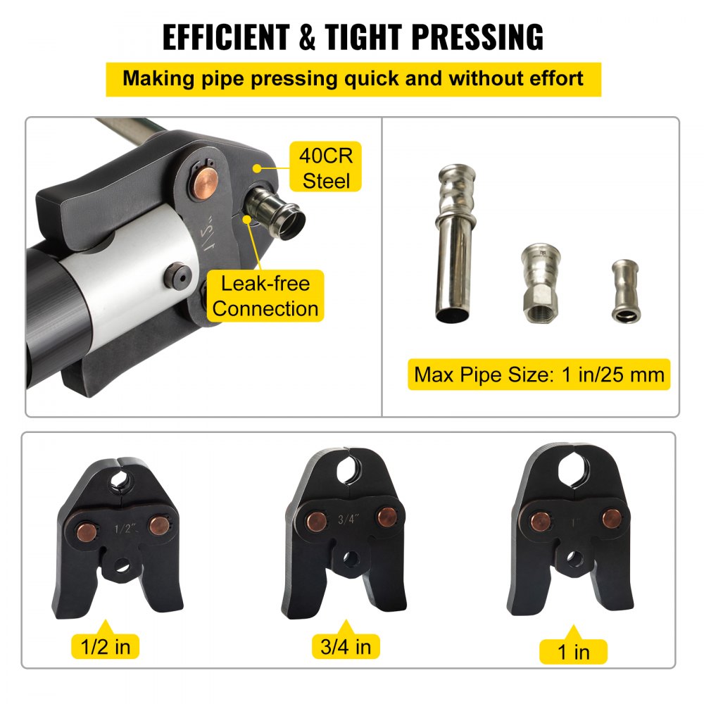 Kit de prensado VEVOR de 12 V con mordazas de sujeción de 1/2", 3/4" y 1". Kit de herramientas de prensado con rotación de 360 ​​grados para baterías OLED de cobre. Herramienta de prensado de cobre para sistemas de tuberías de drenaje PEX.