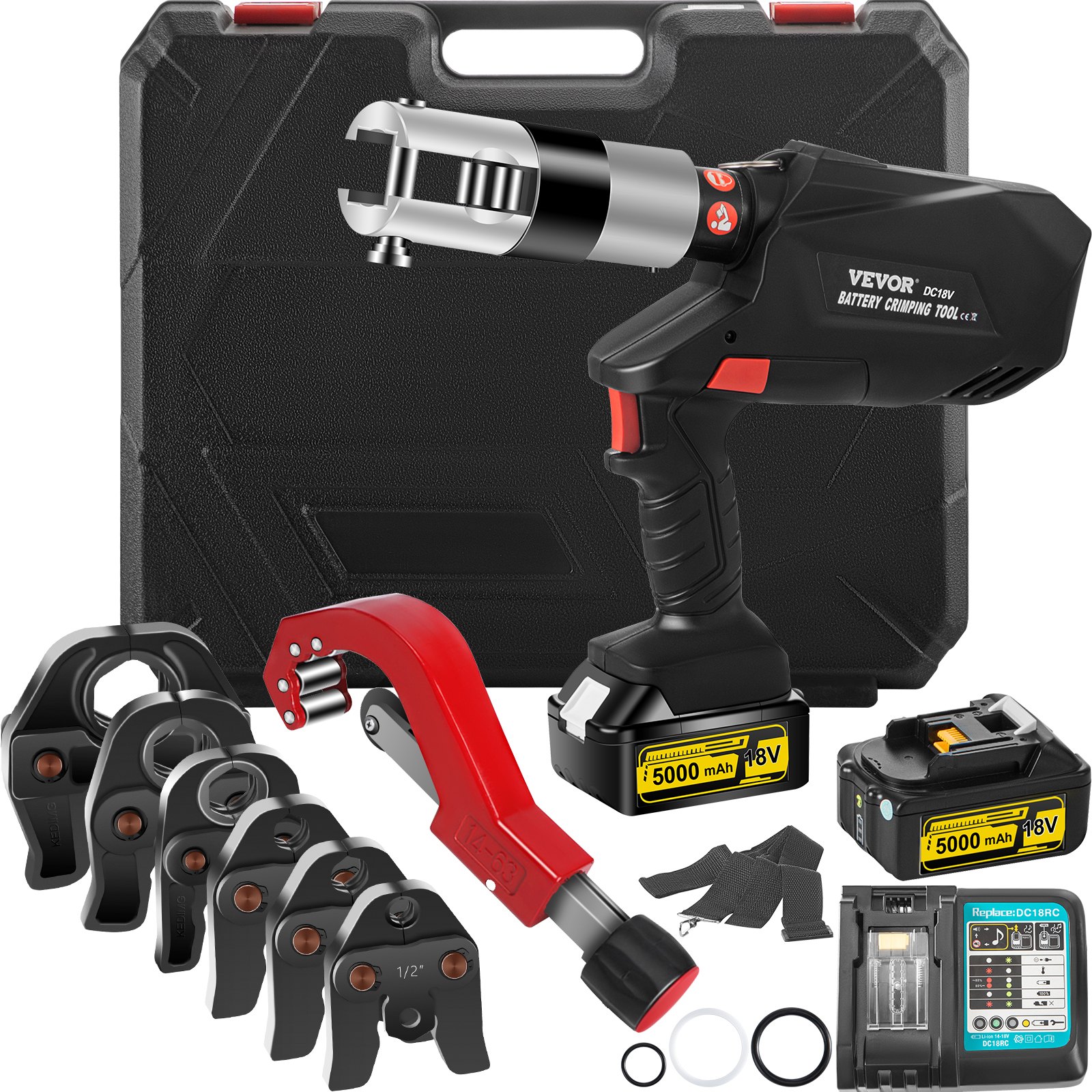 VEVOR Propress Kit 18V Tools Propress with 1/2" 3/4" 1"1-1/4" 1-1/2" 2" Clamping Jaws Propress Tool 360-Degree Rotation Propress Machine for Copper OLED Battery Copper Press Tool for Pipe System