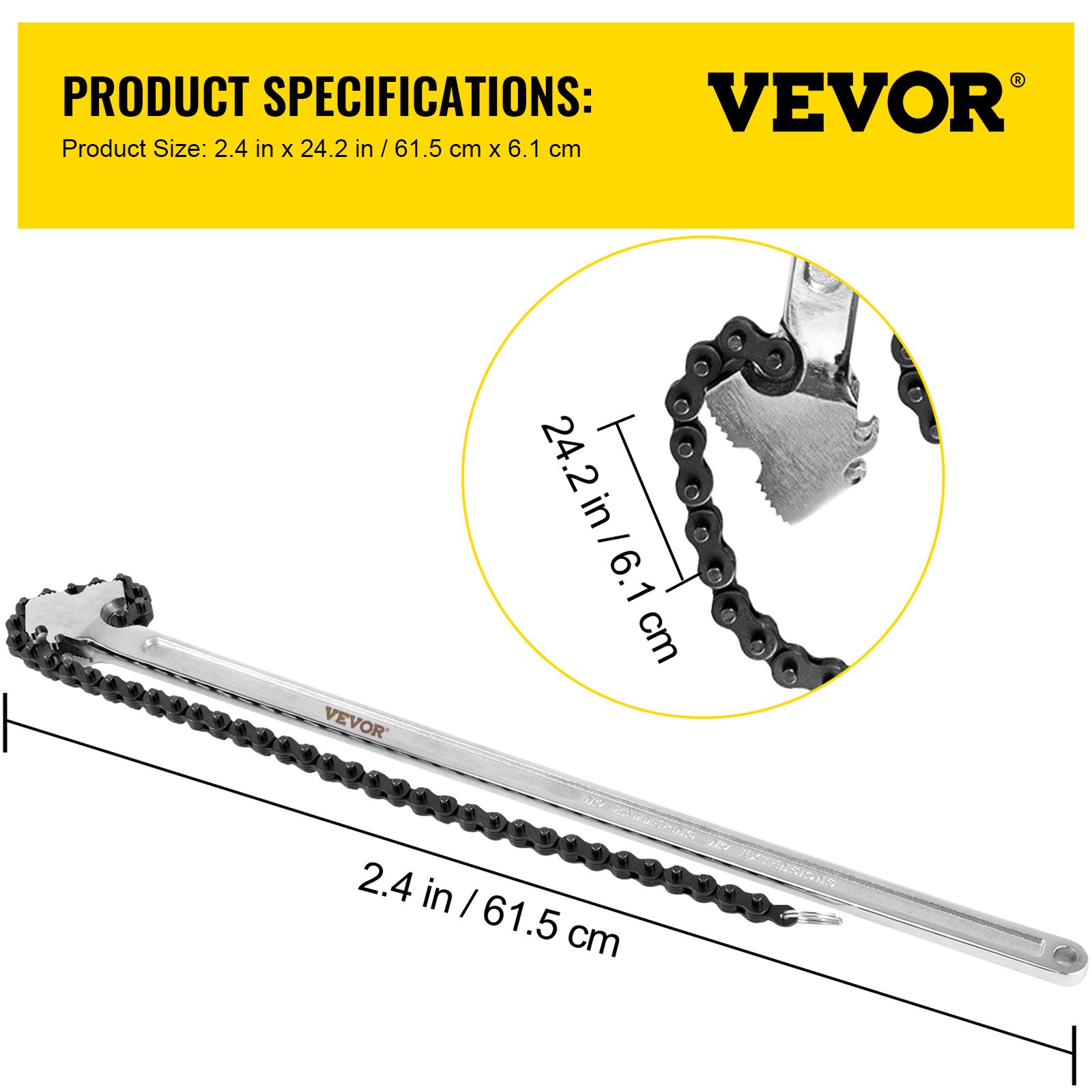 VEVOR 24inch Chain Wrench Carbon Steel Chain Pipe Wrench Heavy Duty 6.7 inch Diameter Capacity Chain Strap Filter Wrench