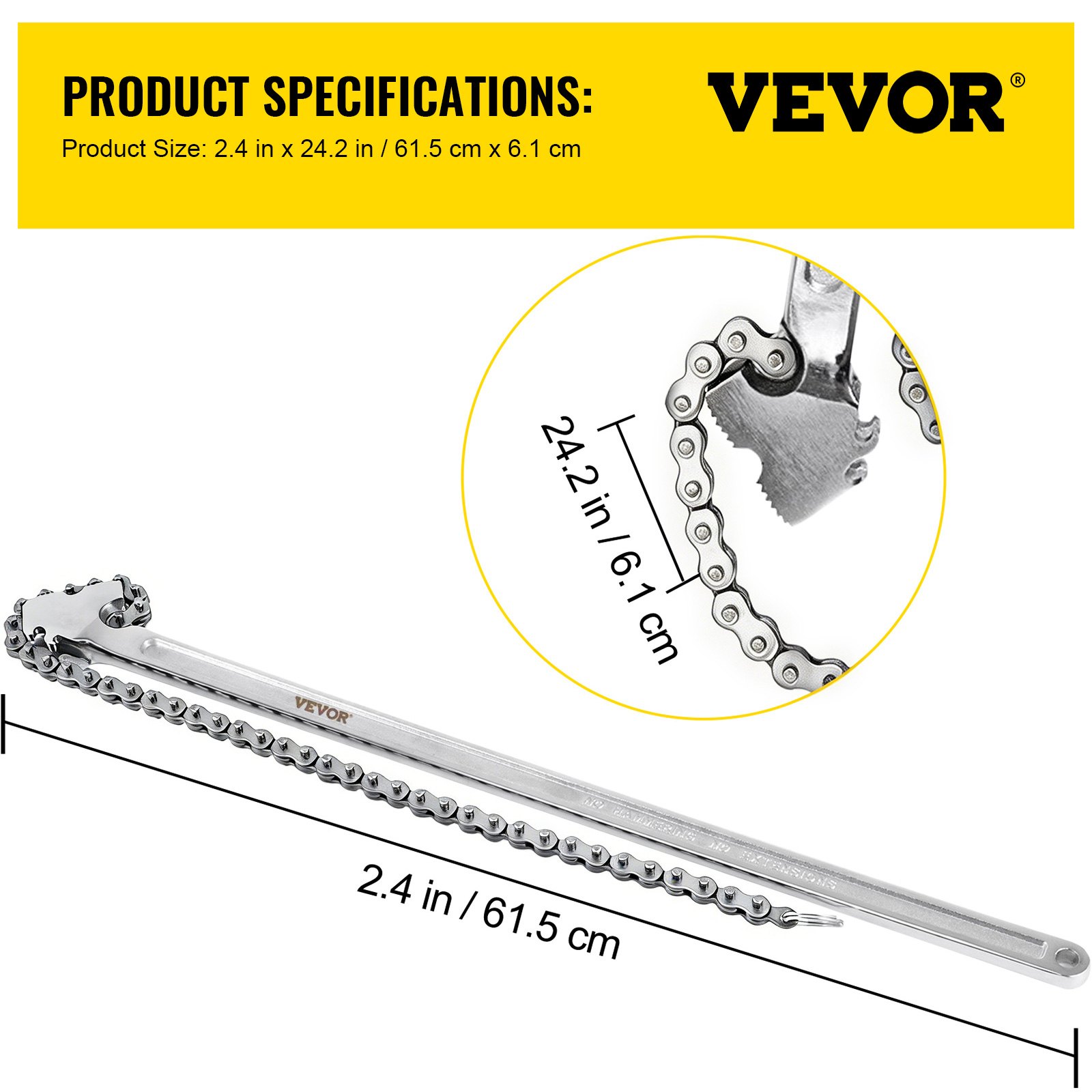 VEVOR 610 mm Chain Wrench Carbon Steel Chain Pipe Wrench Heavy Duty 170 mm Diameter Capacity Chain Strap Filter Wrench