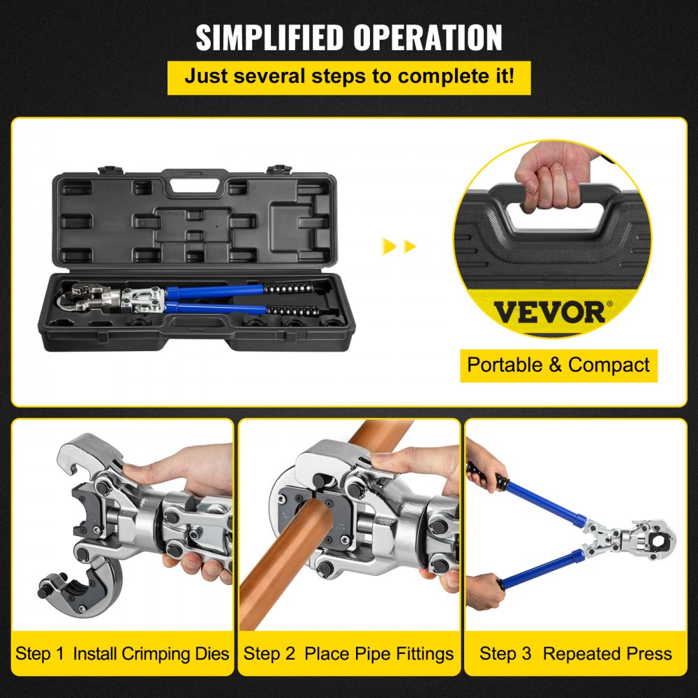 VEVOR Pipe Press Crimping Tool Copper Pipe Crimper 1/2" 3/4" 1" Jaws 360° Head