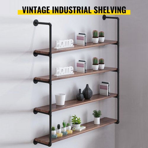 VEVOR Industrial Pipe Shelves 4-Tier Wall Mount Iron Pipe Shelves 2 PCS Pipe Shelving Vintage Black DIY Pipe Bookshelf Each Holds 44lbs Open Kitchen Shelving for Bedroom & Living Room W/Accessories