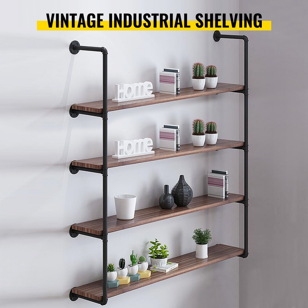 VEVOR industriella rörhyllor 4-vånings väggmonterade järnrörshyllor 2 st rörhyllor Vintage svart DIY-rörbokhylla varje rymmer 44lbs öppet kök Hyllor för sovrum och vardagsrum med tillbehör