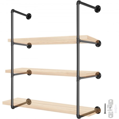VEVOR Industrial Pipe Shelves 3-Tier Wall Mount Iron Pipe Shelves 2 PCS Pipe Shelving Vintage Black DIY Pipe Bookshelf Each Holds 44lbs Open Kitchen Shelving for Bedroom & Living Room W/Accessories