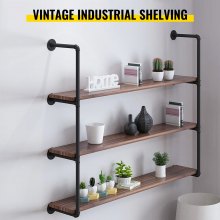 VEVOR Industrial Pipe Shelves 3-Tier Wall Mount Iron Pipe Shelves 2 PCS Pipe Shelving Vintage Black DIY Pipe Bookshelf Each Holds 44lbs Open Kitchen Shelving for Bedroom & Living Room W/Accessories