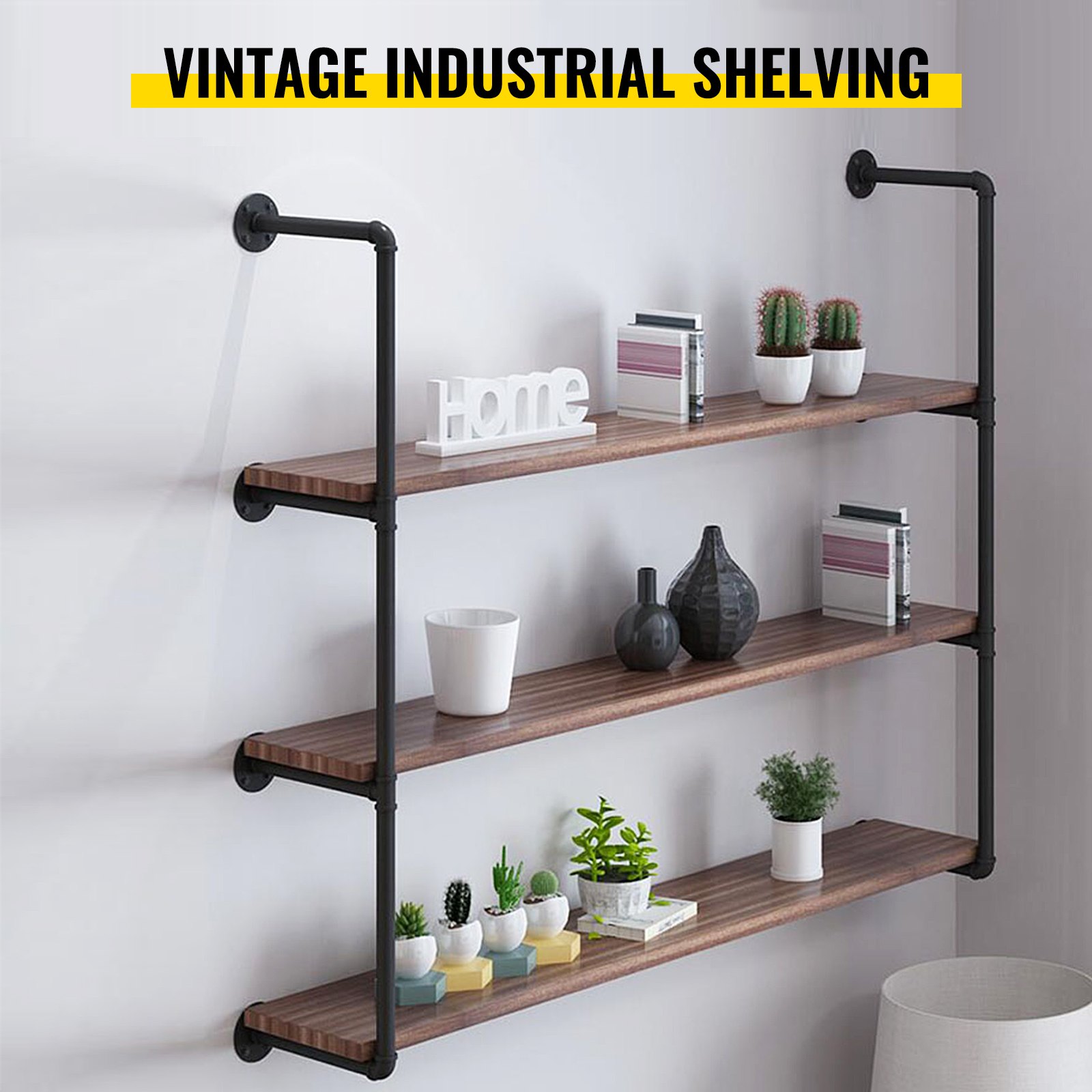 VEVOR Industrial Pipe Shelves 3-Tier Wall Mount Iron Pipe Shelves 2 PCS Pipe Shelving Vintage Black DIY Pipe Bookshelf Each Holds 44lbs Open Kitchen Shelving for Bedroom & Living Room W/ Accessories