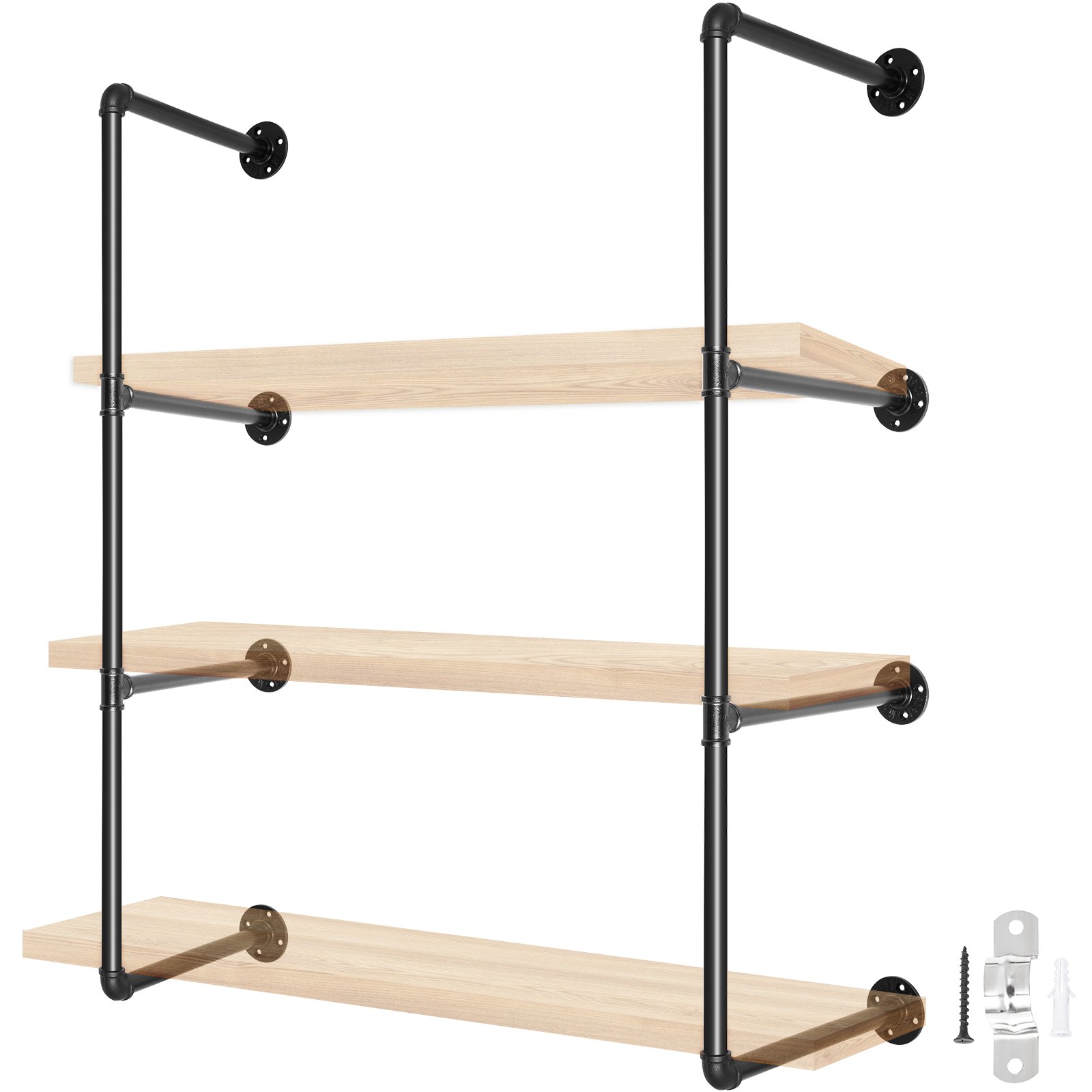 VEVOR Industrial Pipe Shelves 3-Tier Wall Mount Iron Pipe Shelves 2 PCS Pipe Shelving Vintage Black DIY Pipe Bookshelf Each Holds 44lbs Open Kitchen Shelving for Bedroom & Living Room W/Accessories