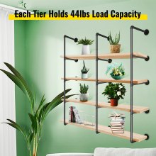 VEVOR Industrial Pipe Shelves 4-Tier Wall Mount Iron Pipe Shelves 3 PCS Pipe Shelving Vintage Black DIY Pipe Bookshelf Each Holds 44lbs Open Kitchen Shelving for Bedroom & Living Room W/Accessories