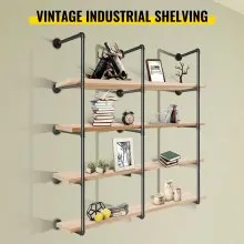 VEVOR Industrial Pipe Shelves 4-Tier Wall Mount Iron Pipe Shelves 3 PCS Pipe Shelving Vintage Black DIY Pipe Bookshelf Each Holds 44lbs Open Kitchen Shelving for Bedroom & Living Room W/Accessories