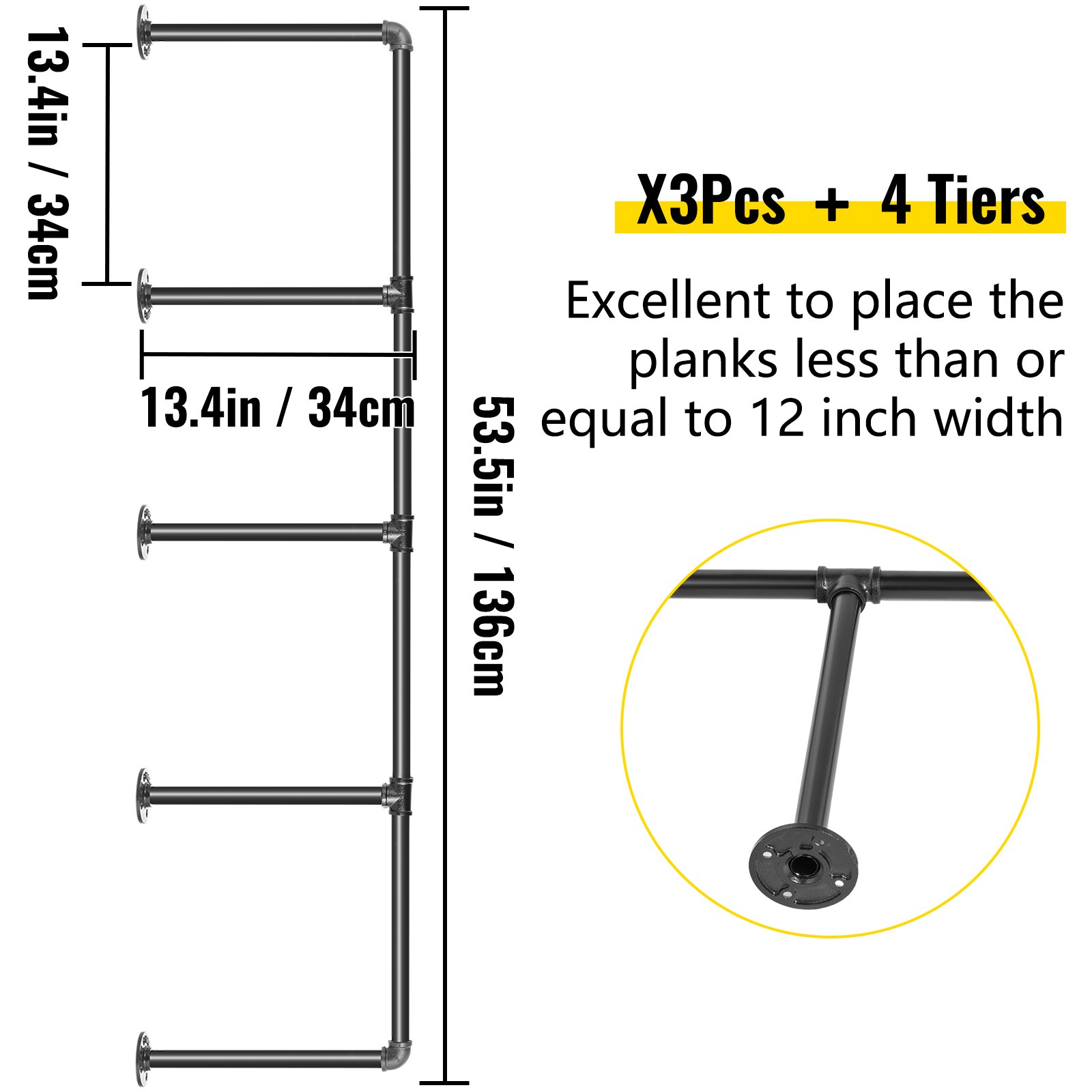 VEVOR Industrial Pipe Shelves 4-Tier Wall Mount Iron Pipe Shelves 3 PCS Pipe Shelving Vintage Black DIY Pipe Bookshelf Each Holds 44lbs Open Kitchen Shelving for Bedroom & Living Room with Accessories