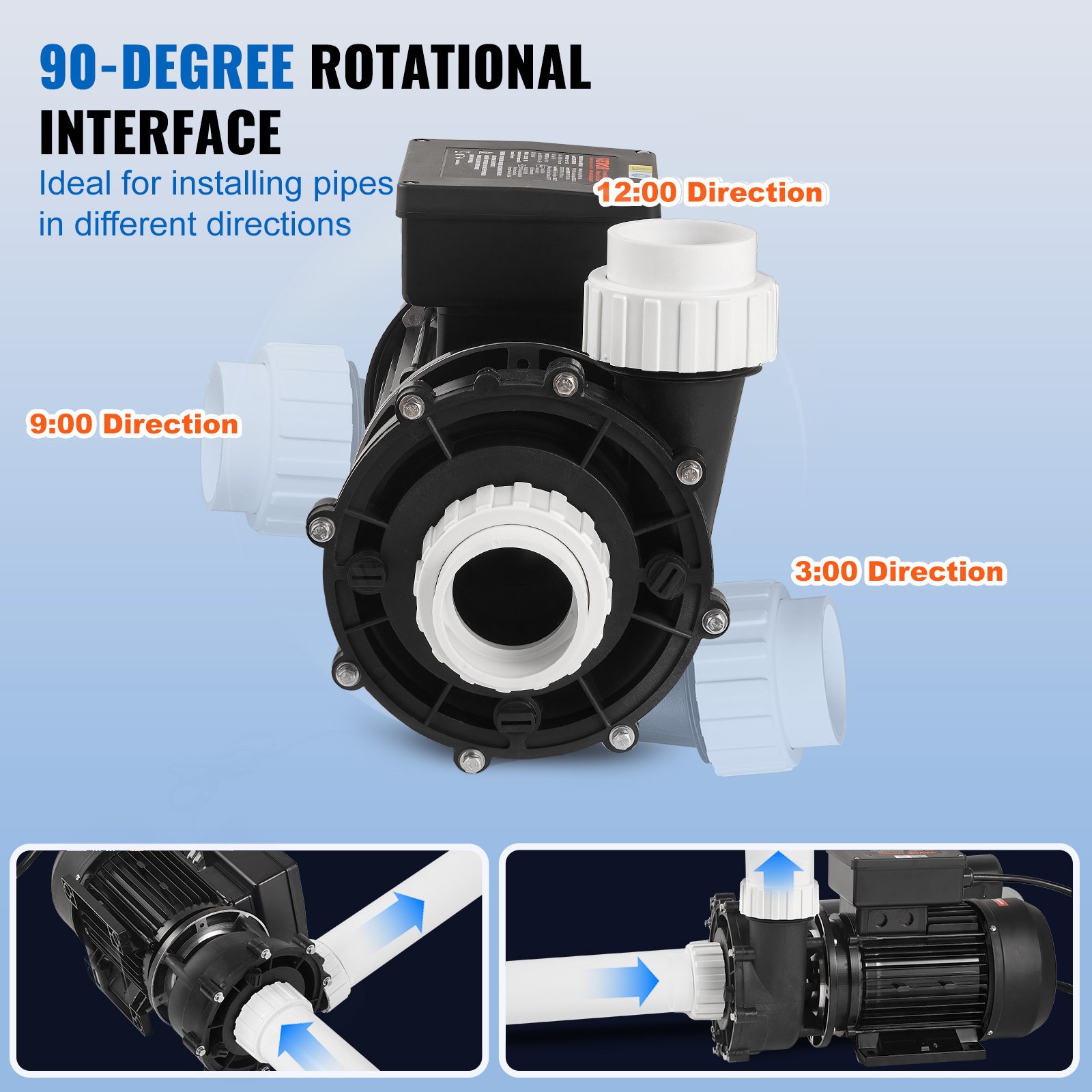 VEVOR 2 Speed SPA Pump, 48-Frame, AC 110-120V Hot Tub SPA Pump, 1.5HP/150GPM/42.65ft High Speed or 0.46HP/70GPM/9.18ft Low Speed, 2" Port 90° Rotational Interface for Hot Tub, Tested to UL Standards