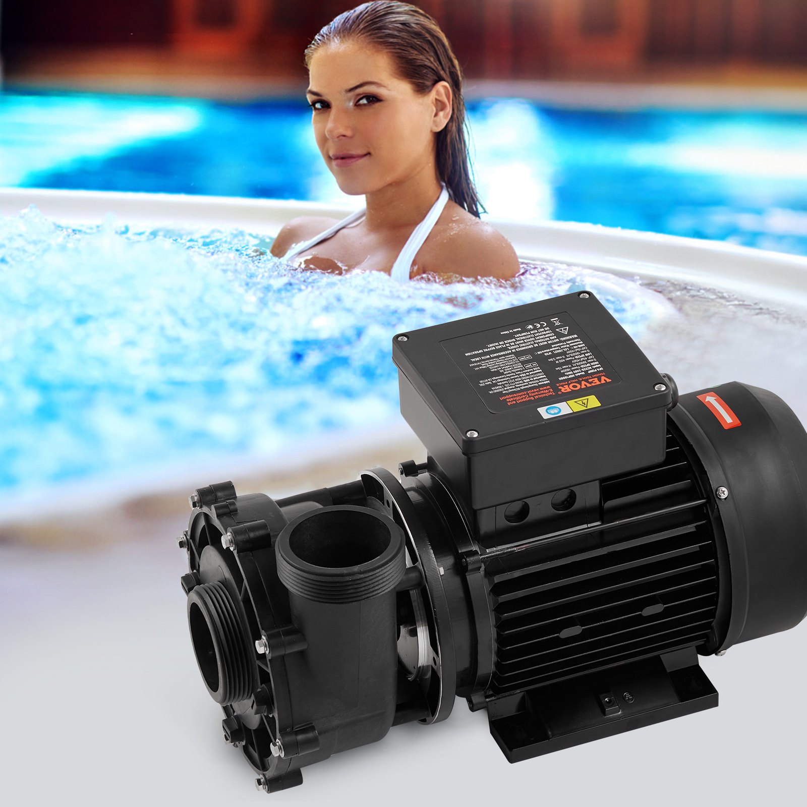 VEVOR 2 Speed SPA Pump, 48-Frame, AC 110-120V Hot Tub SPA Pump, 1.5HP/150GPM/42.65ft High Speed or 0.46HP/70GPM/9.18ft Low Speed, 2" Port 90° Rotational Interface for Hot Tub, Tested to UL Standards