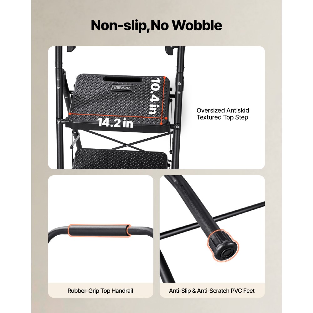 VEVOR 4 Step Ladder, Folding Step Stool with Wide Anti-Slip Pedal, Tool Tray, Comfort Handgrip, 272 kg Capacity Portable Steel Ladder, Multi-Use for Kitchen, Home, Household and Office, Black