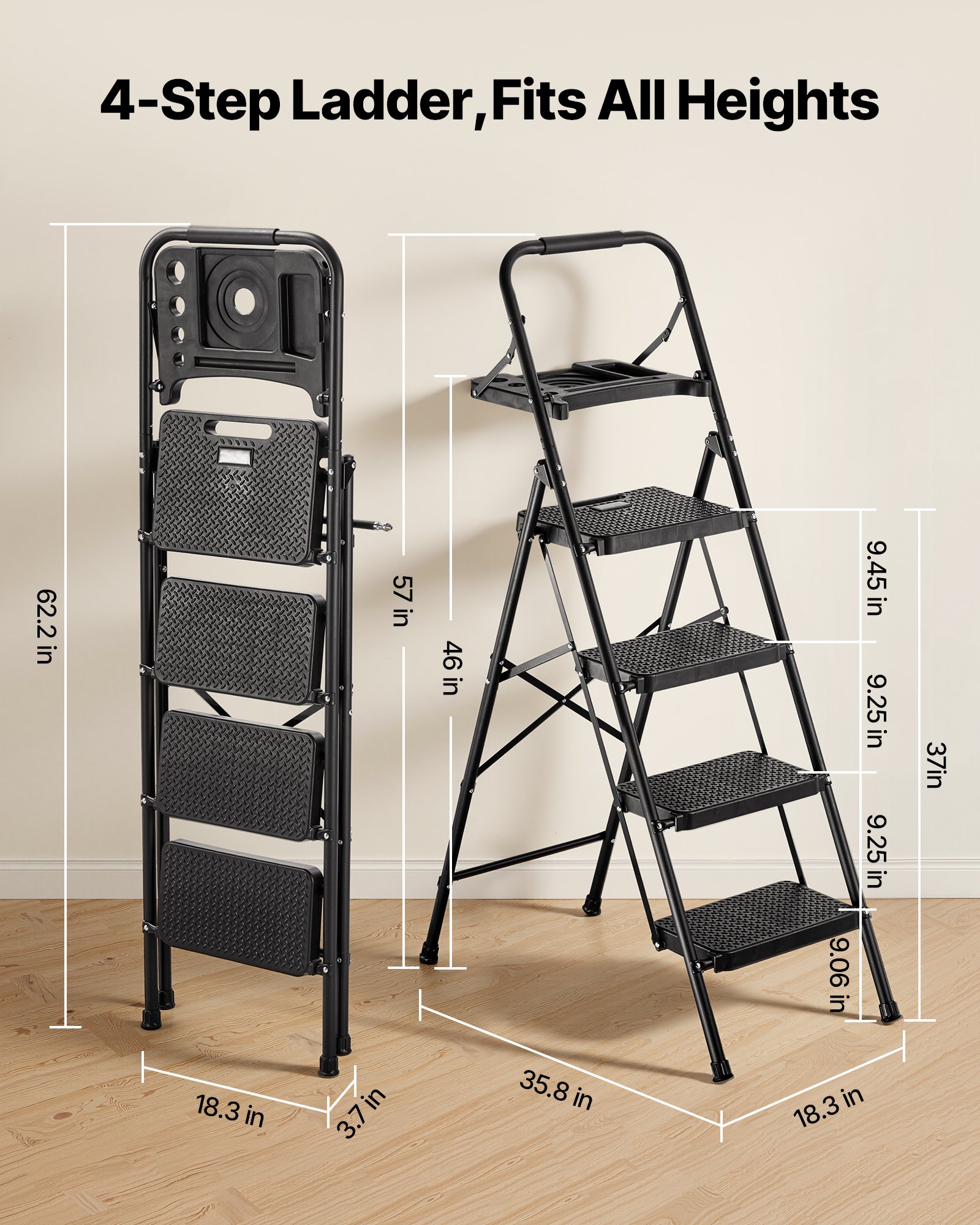 VEVOR 4 Step Ladder, Folding Step Stool with Wide Anti-Slip Pedal, Tool Tray, Comfort Handgrip, 272 kg Capacity Portable Steel Ladder, Multi-Use for Kitchen, Home, Household and Office, Black