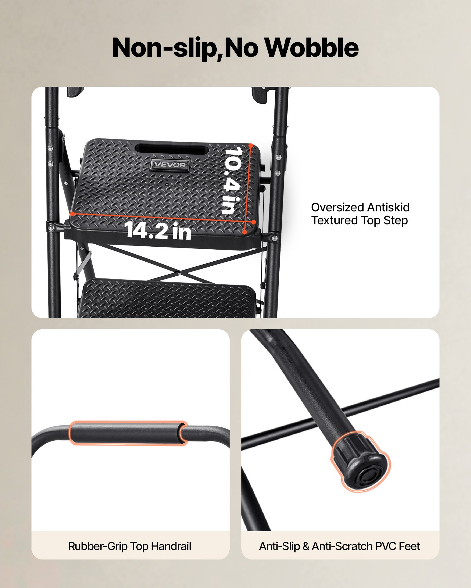 VEVOR 4 Step Ladder, Folding Step Stool with Wide Anti-Slip Pedal, Tool Tray, Comfort Handgrip, 272 kg Capacity Portable Steel Ladder, Multi-Use for Kitchen, Home, Household and Office, Black