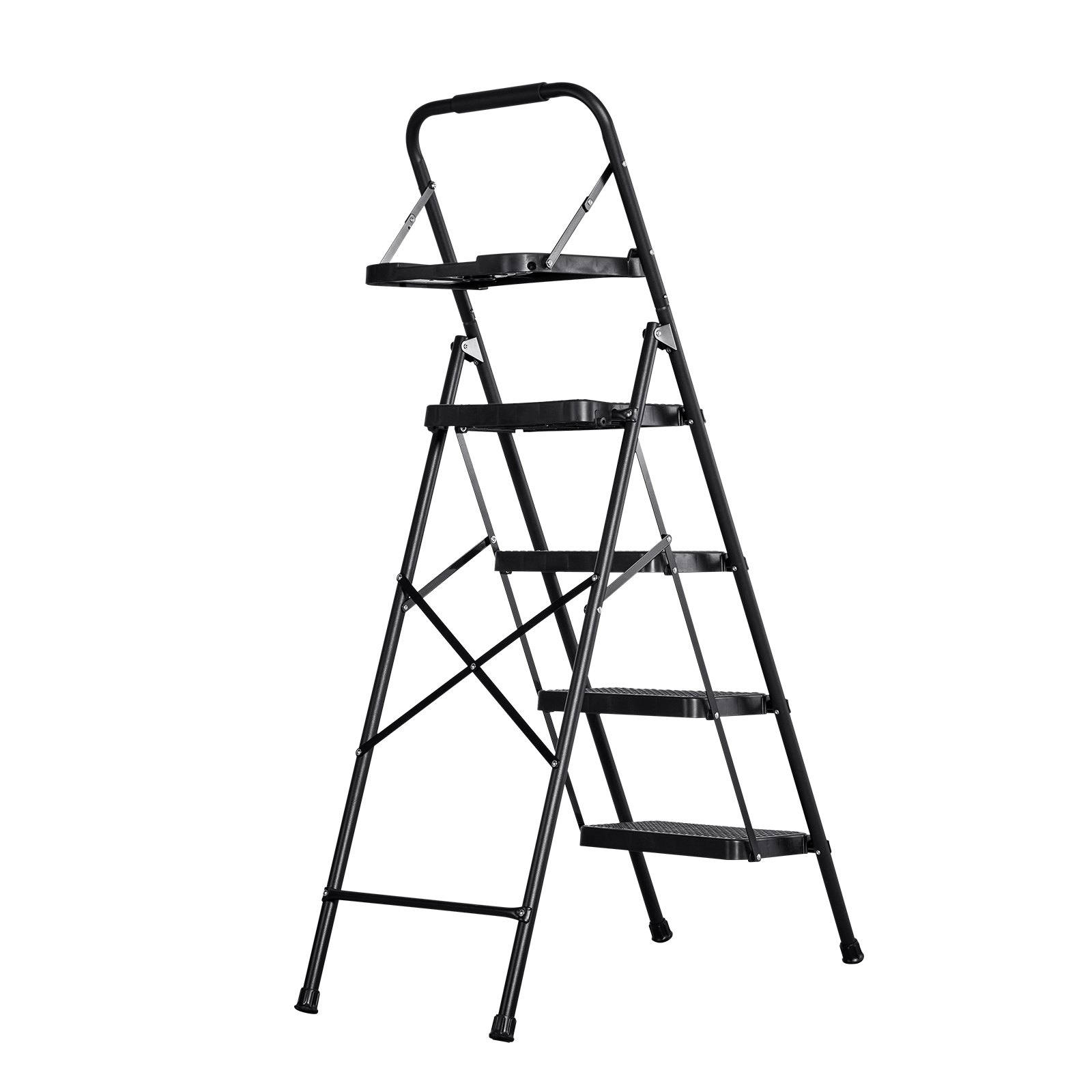 VEVOR 4 Step Ladder, Folding Step Stool with Wide Anti-Slip Pedal, Tool Tray, Comfort Handgrip, 272 kg Capacity Portable Steel Ladder, Multi-Use for Kitchen, Home, Household and Office, Black