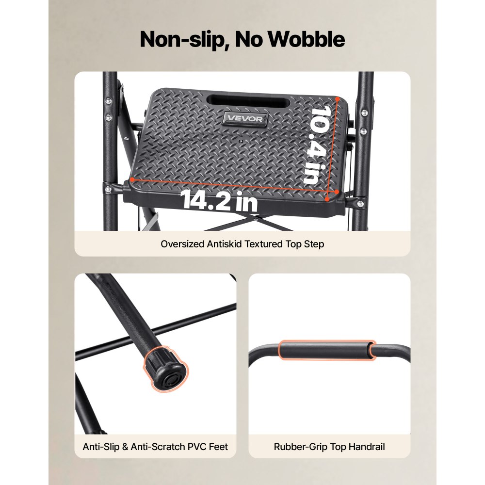 VEVOR 3 Step Ladder, Folding Step Stool with Wide Anti-Slip Pedal and Comfort Handgrip, Lightweight 272 kg Capacity Portable Steel Ladder, Multi-Use for Kitchen, Home, Household and Office, Black