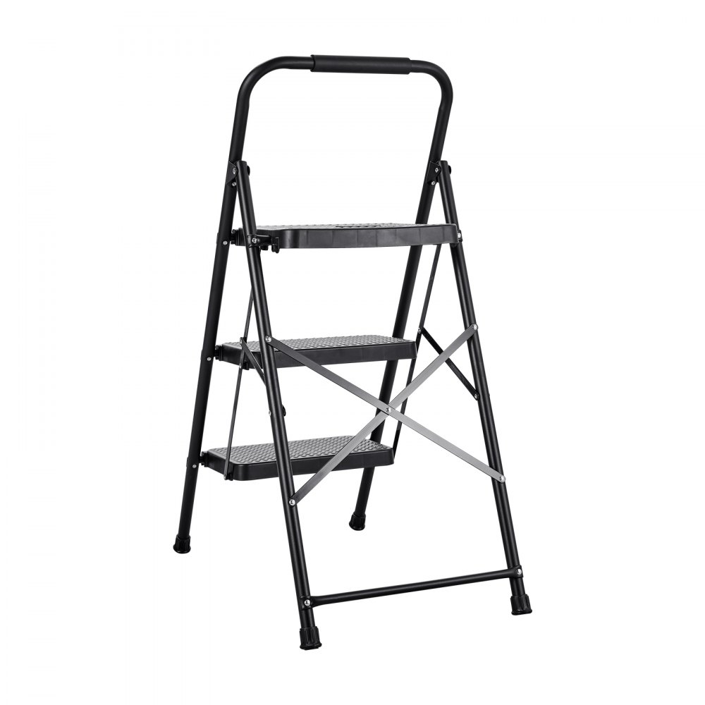 VEVOR 3 Step Ladder, Folding Step Stool with Wide Anti-Slip Pedal and Comfort Handgrip, Lightweight 272 kg Capacity Portable Steel Ladder, Multi-Use for Kitchen, Home, Household and Office, Black