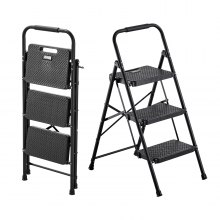 VEVOR 3 Step Ladder, Folding Step Stool with Wide Anti-Slip Pedal and Comfort Handgrip, Lightweight 600 lbs Capacity Portable Steel Ladder, Multi-Use for Kitchen, Home, Household and Office, Black