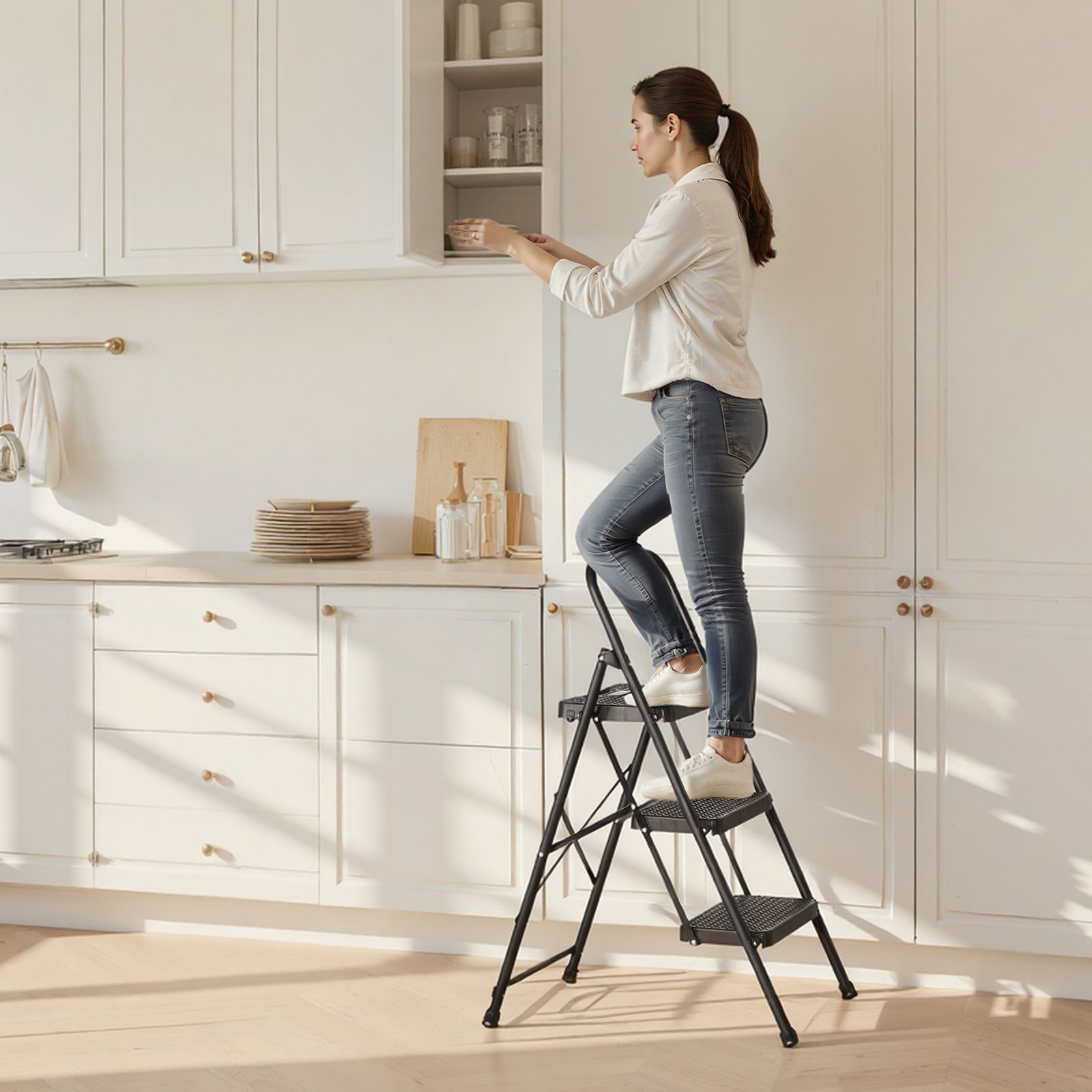 VEVOR 3 Step Ladder, Folding Step Stool with Wide Anti-Slip Pedal and Comfort Handgrip, Lightweight 272 kg Capacity Portable Steel Ladder, Multi-Use for Kitchen, Home, Household and Office, Black