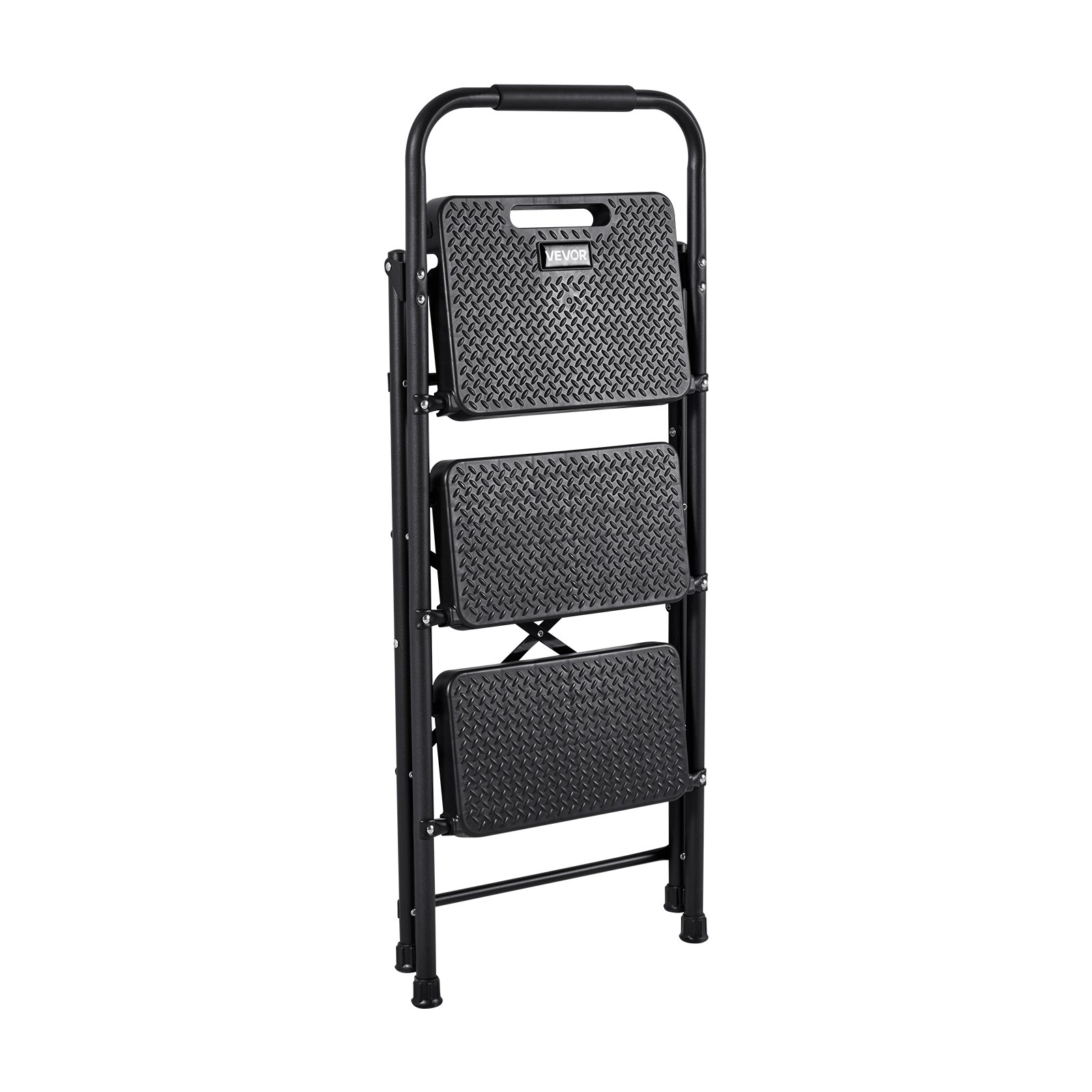 VEVOR 3 Step Ladder, Folding Step Stool with Wide Anti-Slip Pedal and Comfort Handgrip, Lightweight 272 kg Capacity Portable Steel Ladder, Multi-Use for Kitchen, Home, Household and Office, Black