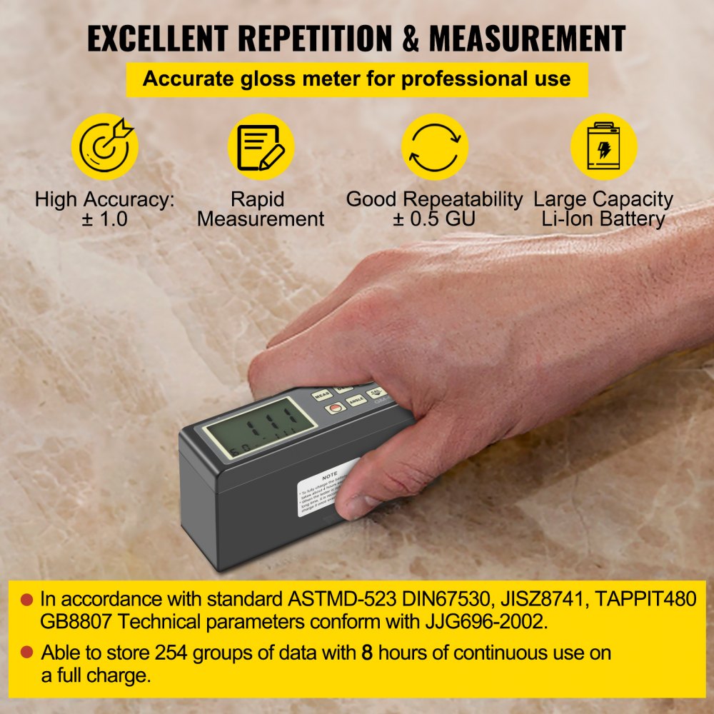 VEVOR 60 Degree Gloss Meter, 0.1 to 200GU Digital Precision Glossmeter, Single Angle Gloss Meter Tester with Data Storage Function, for Car Coating Ink Paint Ceramic Marble Tile Surface Measurement