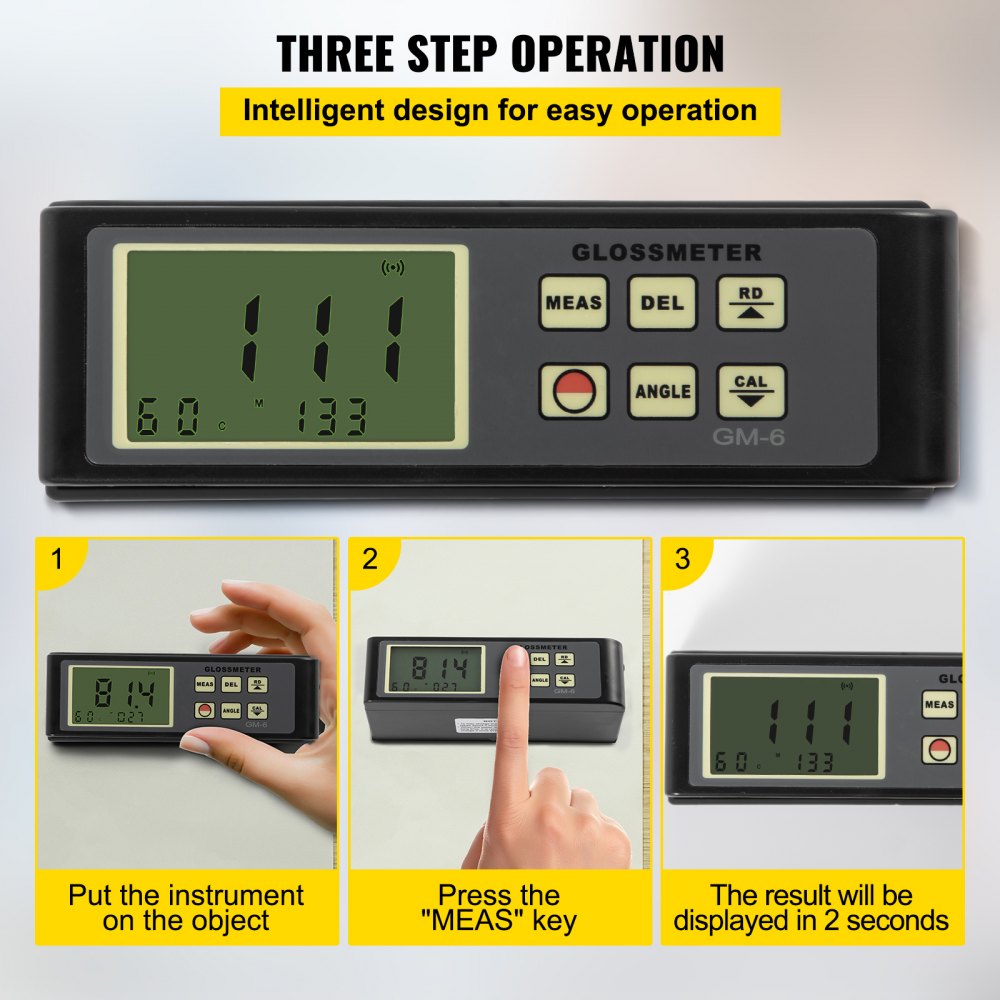 VEVOR 60 Degree Gloss Meter, 0.1 to 200GU Digital Precision Glossmeter, Single Angle Gloss Meter Tester with Data Storage Function, for Car Coating Ink Paint Ceramic Marble Tile Surface Measurement
