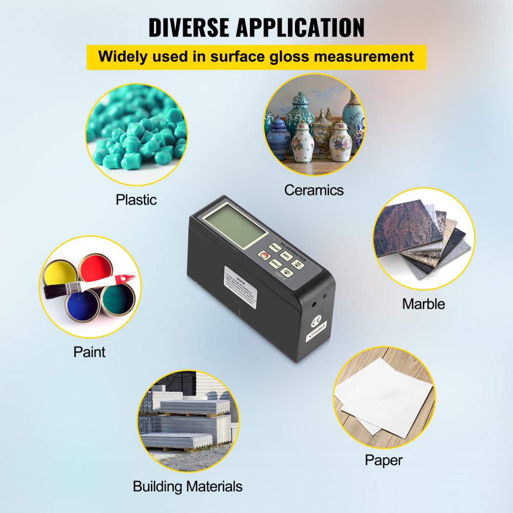 VEVOR 60 Degree Gloss Meter, 0.1 to 200GU Digital Precision Glossmeter, Single Angle Gloss Meter Tester with Data Storage Function, for Car Coating Ink Paint Ceramic Marble Tile Surface Measurement