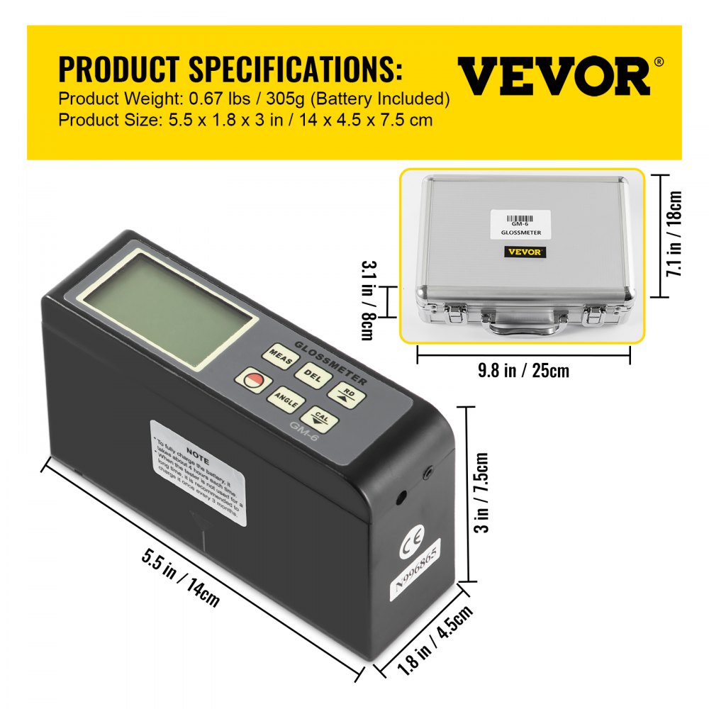 VEVOR 60 Degree Gloss Meter, 0.1 to 200GU Digital Precision Glossmeter, Single Angle Gloss Meter Tester with Data Storage Function, for Car Coating Ink Paint Ceramic Marble Tile Surface Measurement
