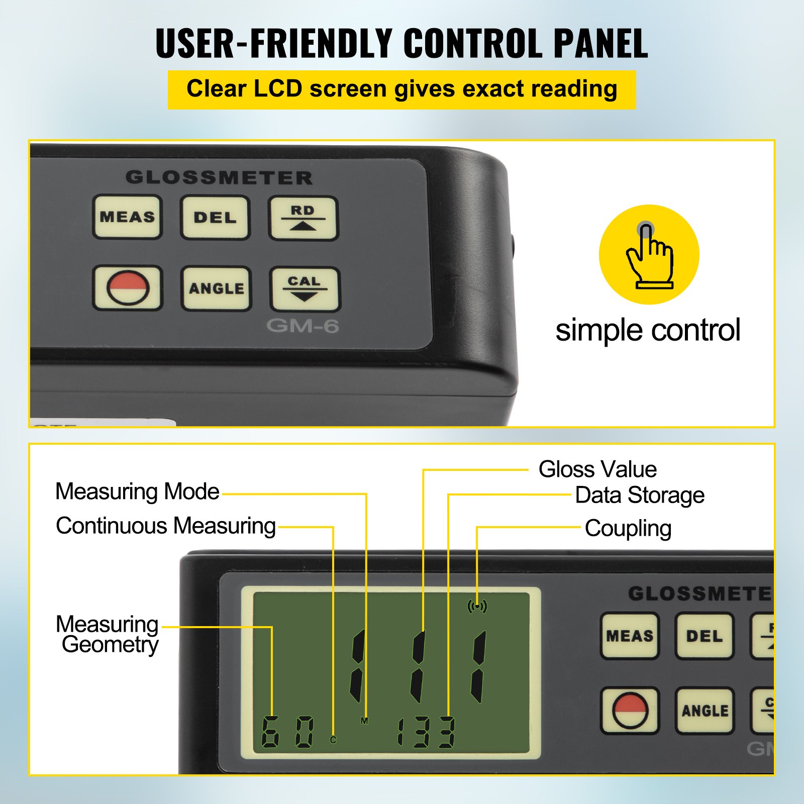VEVOR 60 Degree Gloss Meter, 0.1 to 200GU Digital Precision Glossmeter, Single Angle Gloss Meter Tester with Data Storage Function, for Car Coating Ink Paint Ceramic Marble Tile Surface Measurement