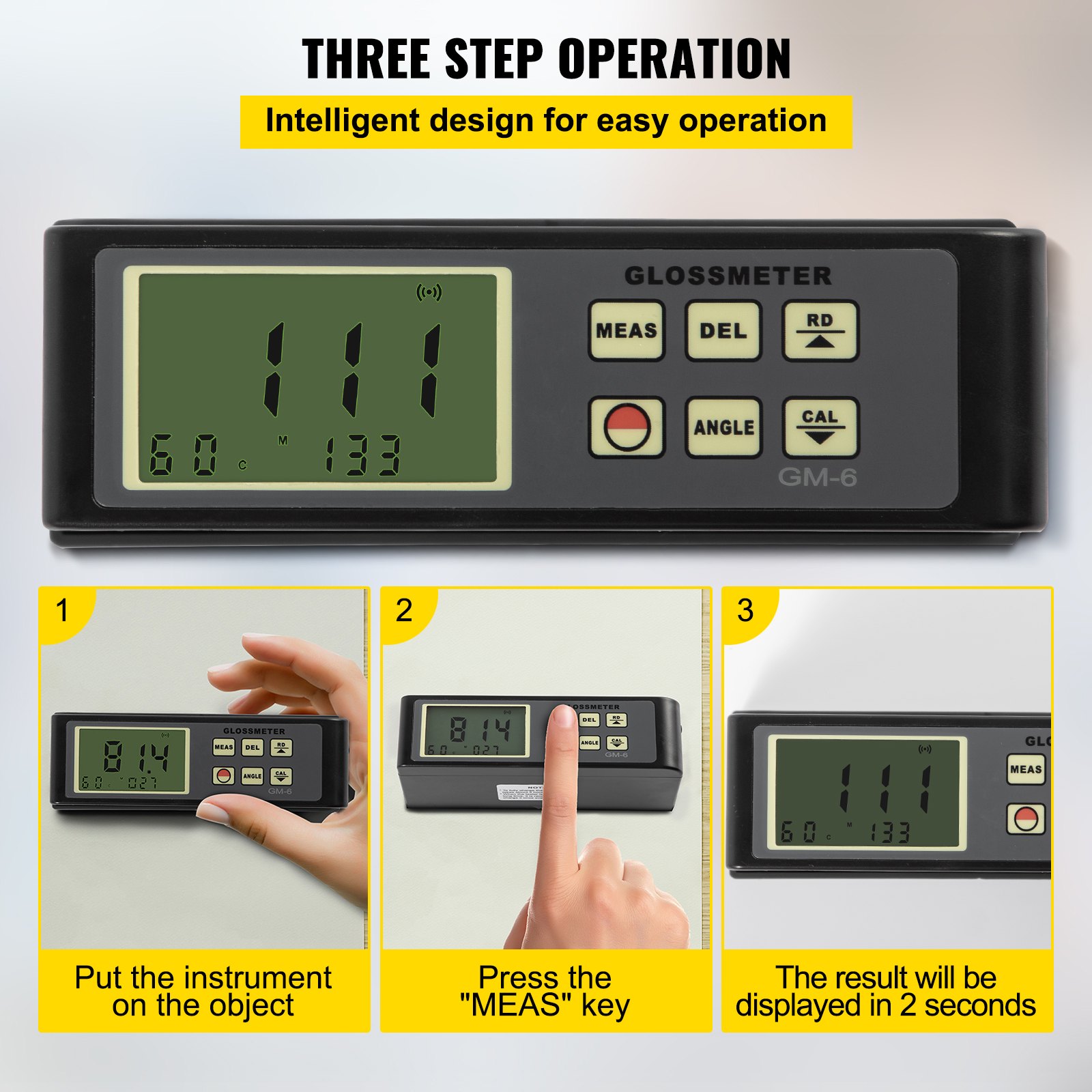 VEVOR 60 Degree Gloss Meter, 0.1 to 200GU Digital Precision Glossmeter, Single Angle Gloss Meter Tester with Data Storage Function, for Car Coating Ink Paint Ceramic Marble Tile Surface Measurement