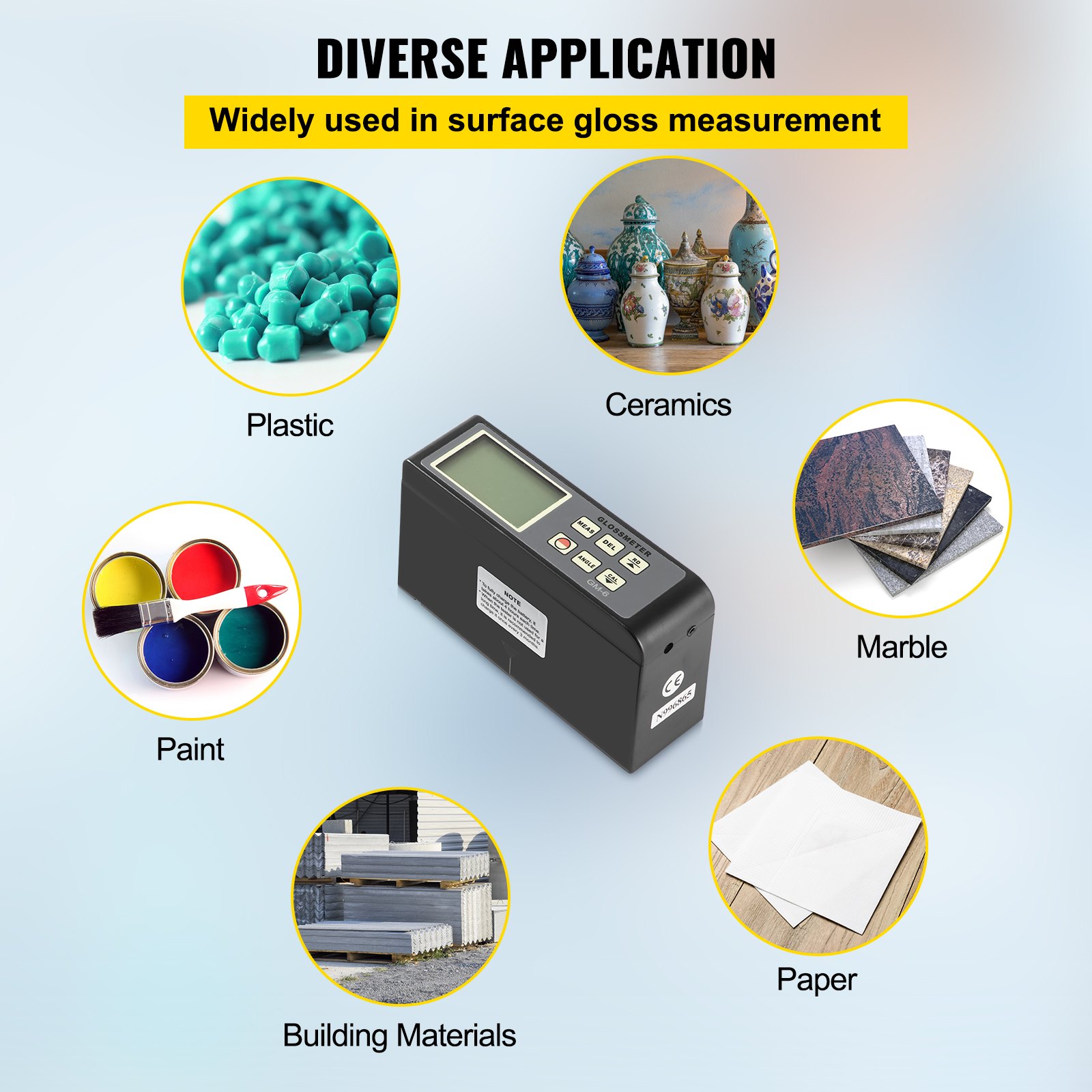 VEVOR 60 Degree Gloss Meter, 0.1 to 200GU Digital Precision Glossmeter, Single Angle Gloss Meter Tester with Data Storage Function, for Car Coating Ink Paint Ceramic Marble Tile Surface Measurement
