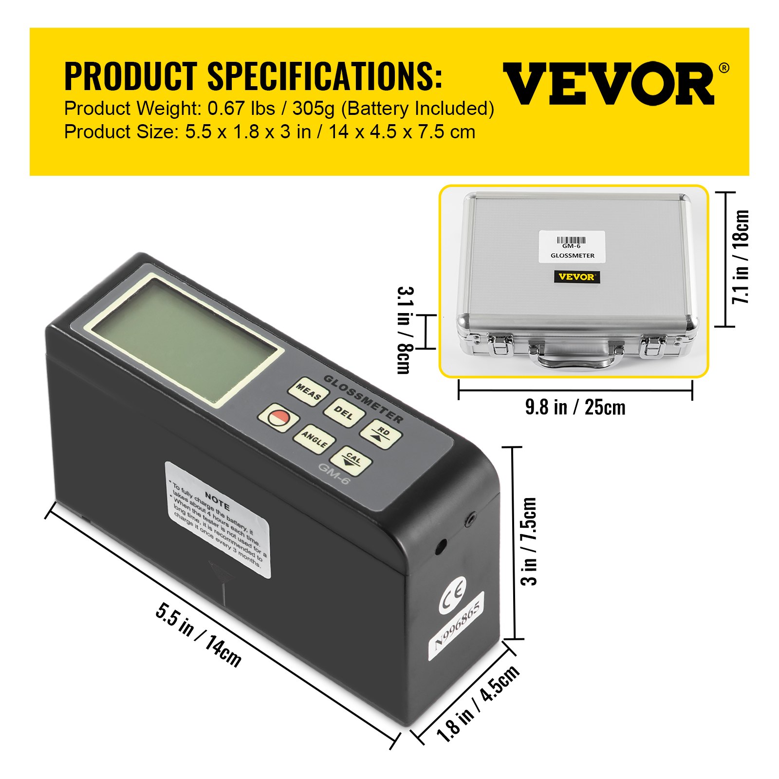VEVOR 60 Degree Gloss Meter, 0.1 to 200GU Digital Precision Glossmeter, Single Angle Gloss Meter Tester with Data Storage Function, for Car Coating Ink Paint Ceramic Marble Tile Surface Measurement