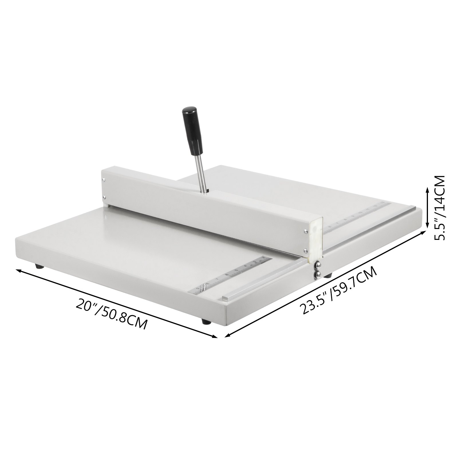 VEVOR creasing machine with a handle, featuring dimensions and a sleek design.