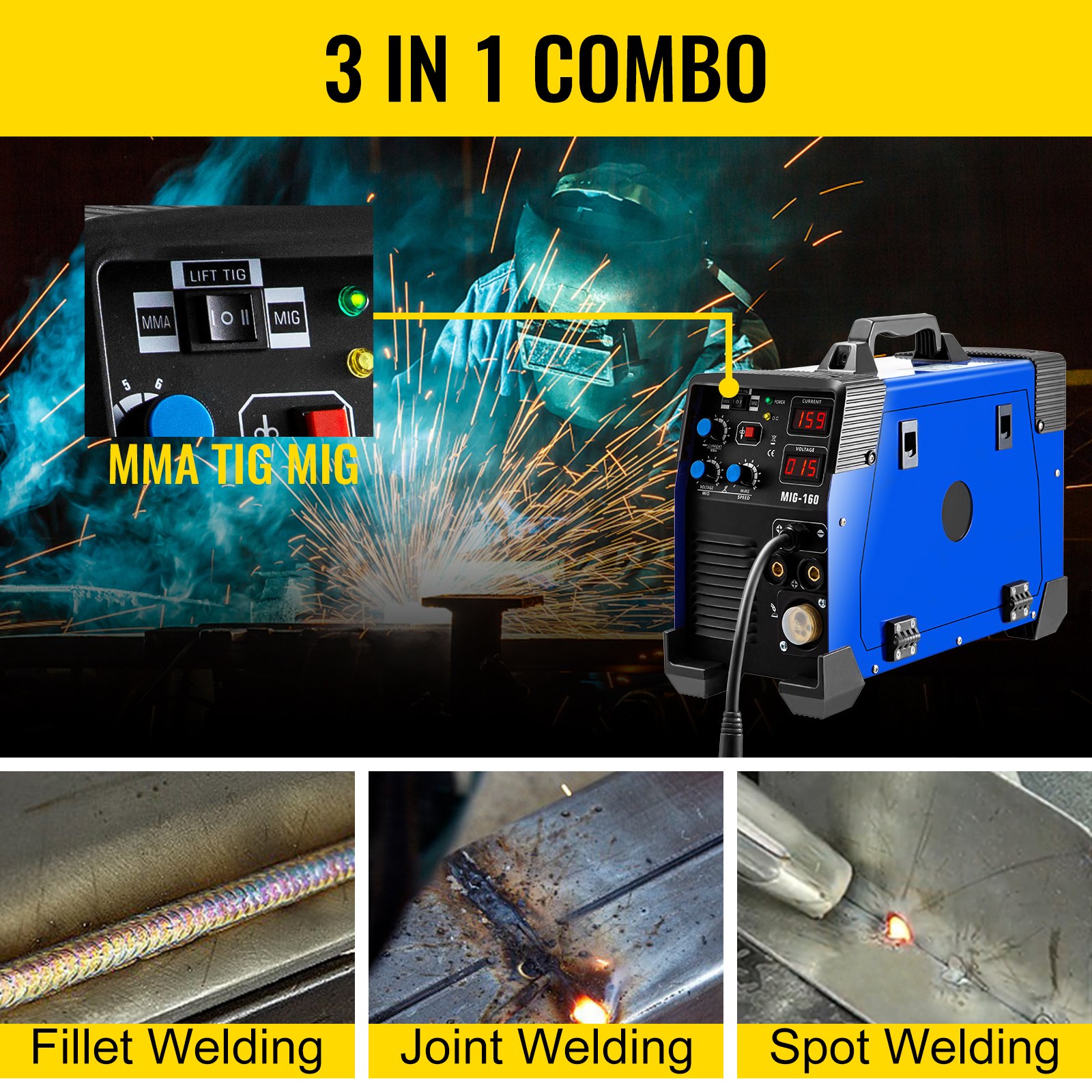 VEVOR MIG Welder TIG Welder 160 A 3 In 1 Portable MMA Welder with Gas or Gasless