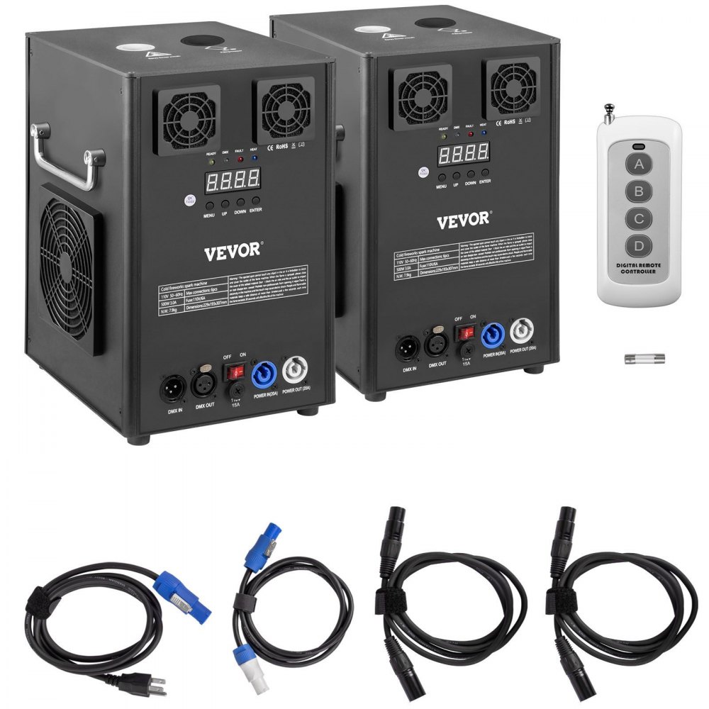 two VEVOR stage effect machine units with remote control and power cables.