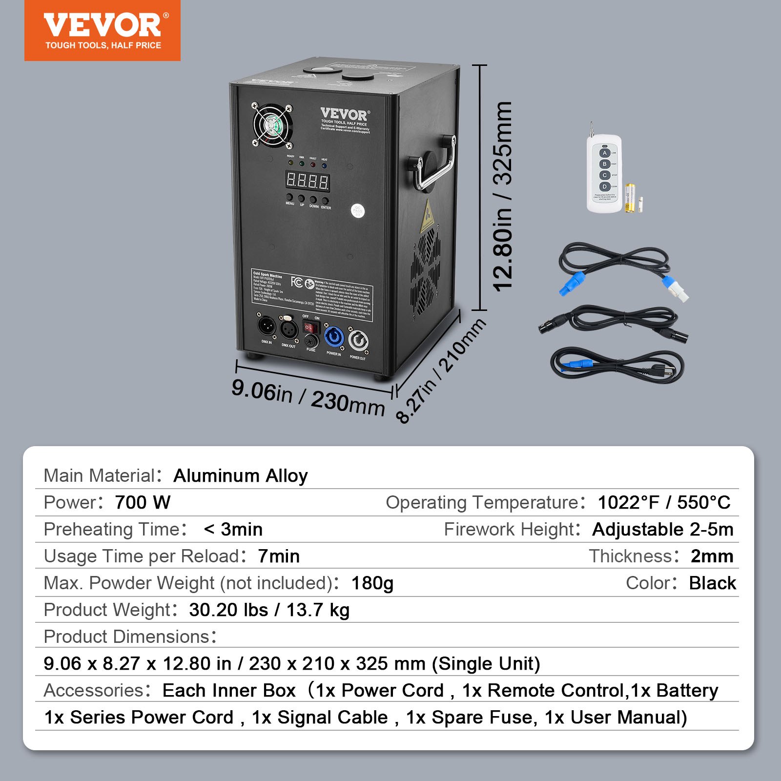 VEVOR Cold Spark Machine, 2 Pack 700W Output Fireworks Controllers, 6.6-16.4ft Adjustable Height, with Advanced DMX System,LED Screen,Portable Handle, Aluminum Alloy for Stage DJ Wedding Event,Party