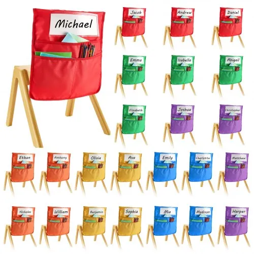 VEVOR Chair Pockets for Classroom, 24 Pack, 14 x 15 Inches Chairback Buddy Pocket with Name Tag, 6 Bright Colors, Back of Chair Organizer for Kids in Classroom, Kindergarten, School, and Home