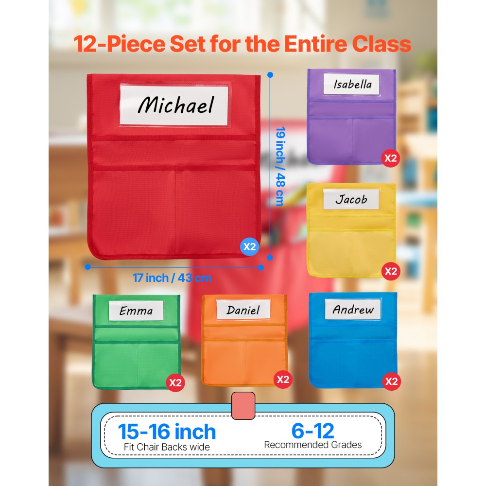 VEVOR Chair Pockets for Classroom, 12 Pack, 17 x 19 Inches Chairback Buddy Pocket with Name Tag, 6 Bright Colors, Back of Chair Organizer for Kids in Classroom, Kindergarten, School, and Home