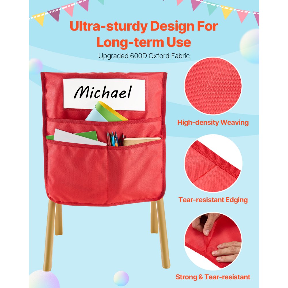 VEVOR Chair Pockets for Classroom, 12 Pack, 17 x 19 Inches Chairback Buddy Pocket with Name Tag, 6 Bright Colors, Back of Chair Organizer for Kids in Classroom, Kindergarten, School, and Home